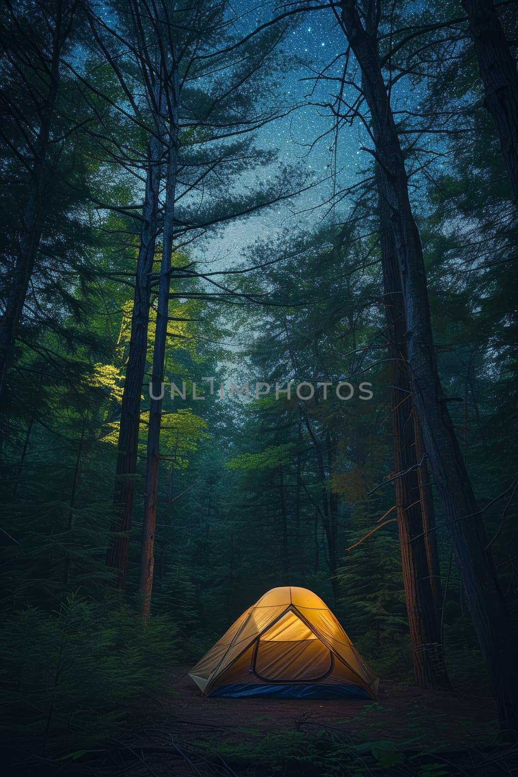 Illuminated tent under a starry sky amidst towering forest trees, capturing the tranquil essence of wilderness camping