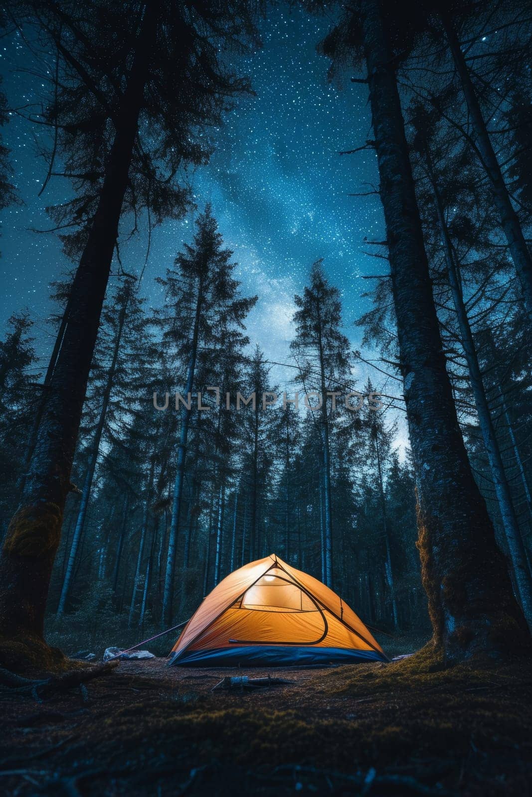 Illuminated tent under a starry sky amidst towering forest trees, capturing the tranquil essence of wilderness camping