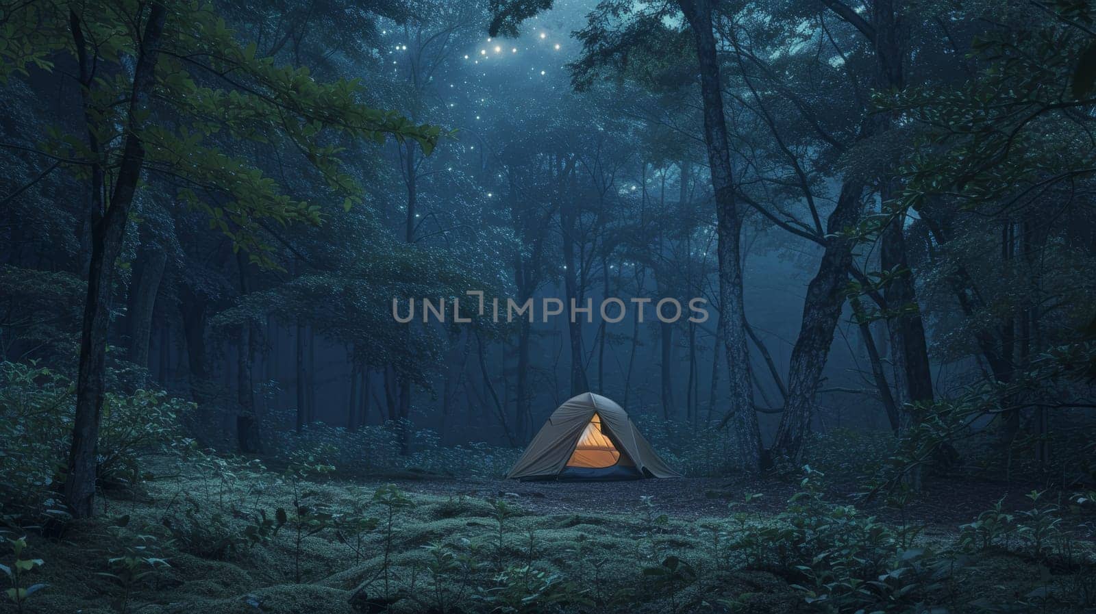 Illuminated tent under a starry sky amidst towering forest trees, capturing the tranquil essence of wilderness camping. by sfinks
