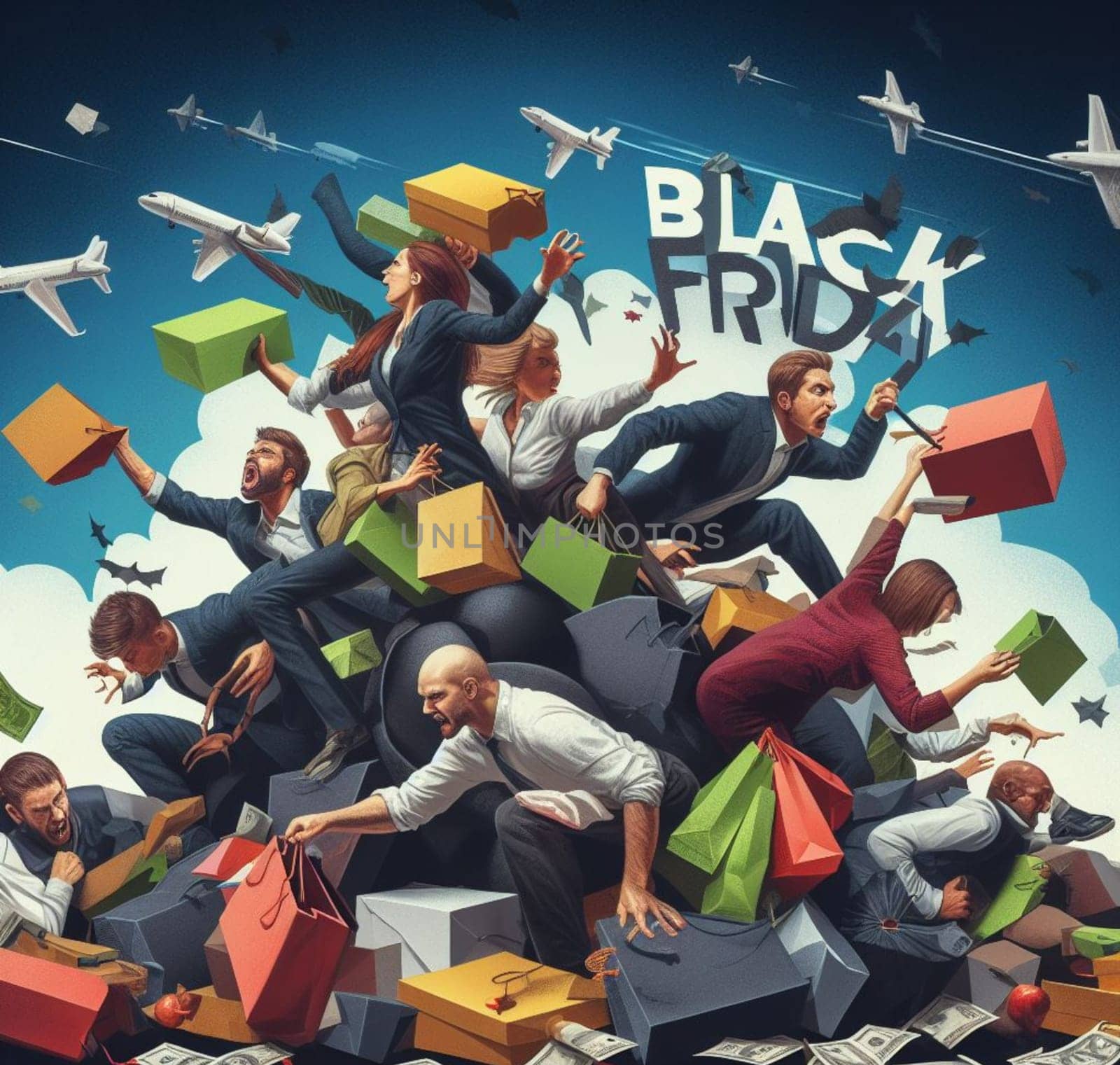 Surreal scene of people and objects in chaos to grab black friday offers at launch click day by verbano