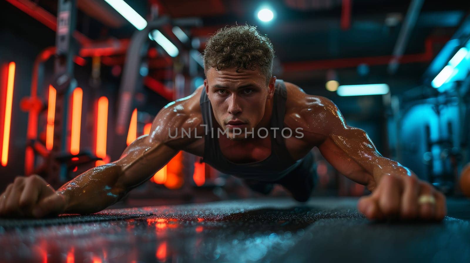 Focused athlete stand in plank in a gym with vibrant lighting, illustrating dedication to physical fitness and muscle building