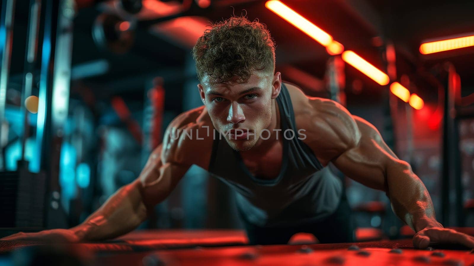 Focused athlete performing push-ups in a gym with vibrant lighting, illustrating dedication to physical fitness and muscle building