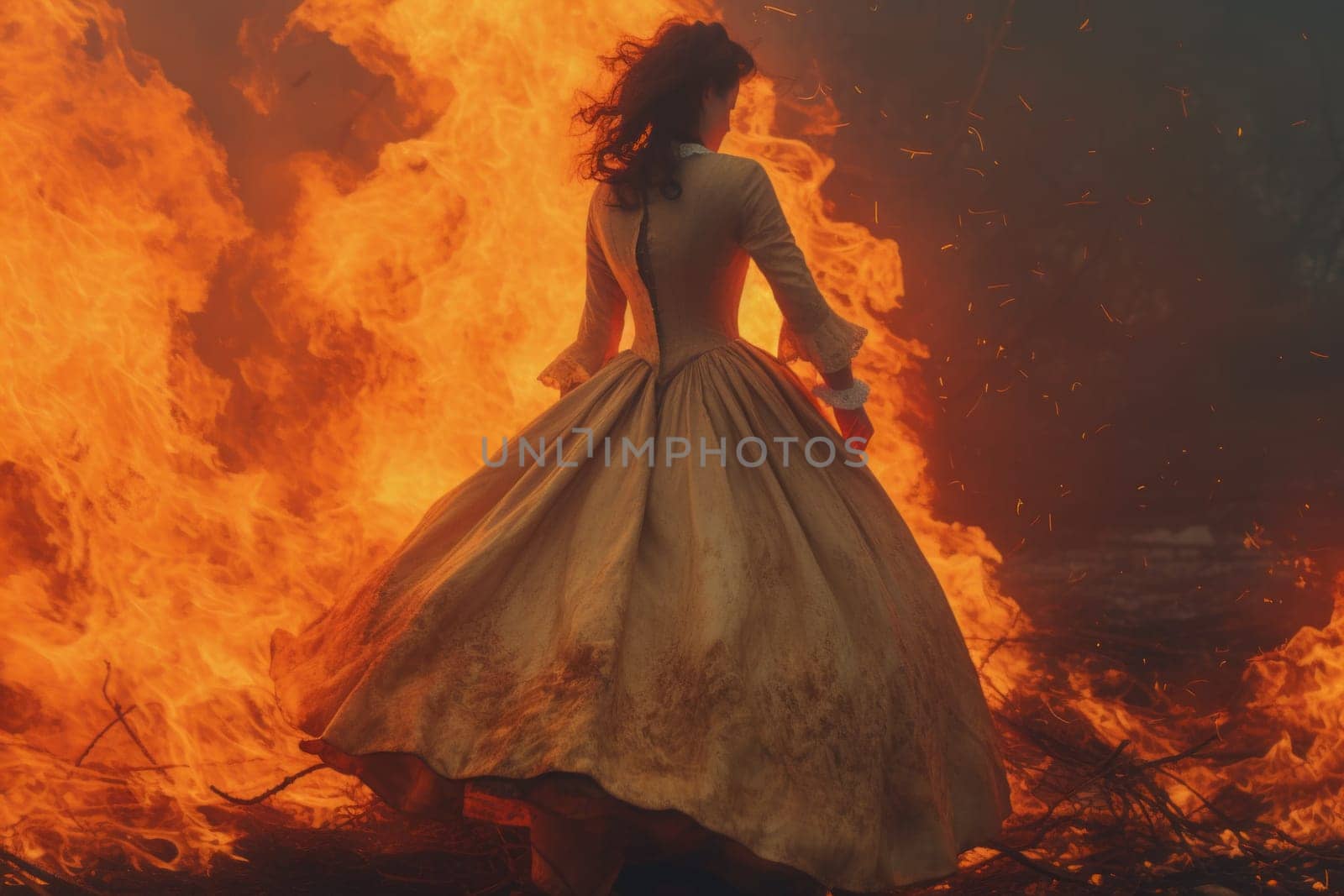 the burning woman in long fluffy dress. Generated AI by Oxdesign