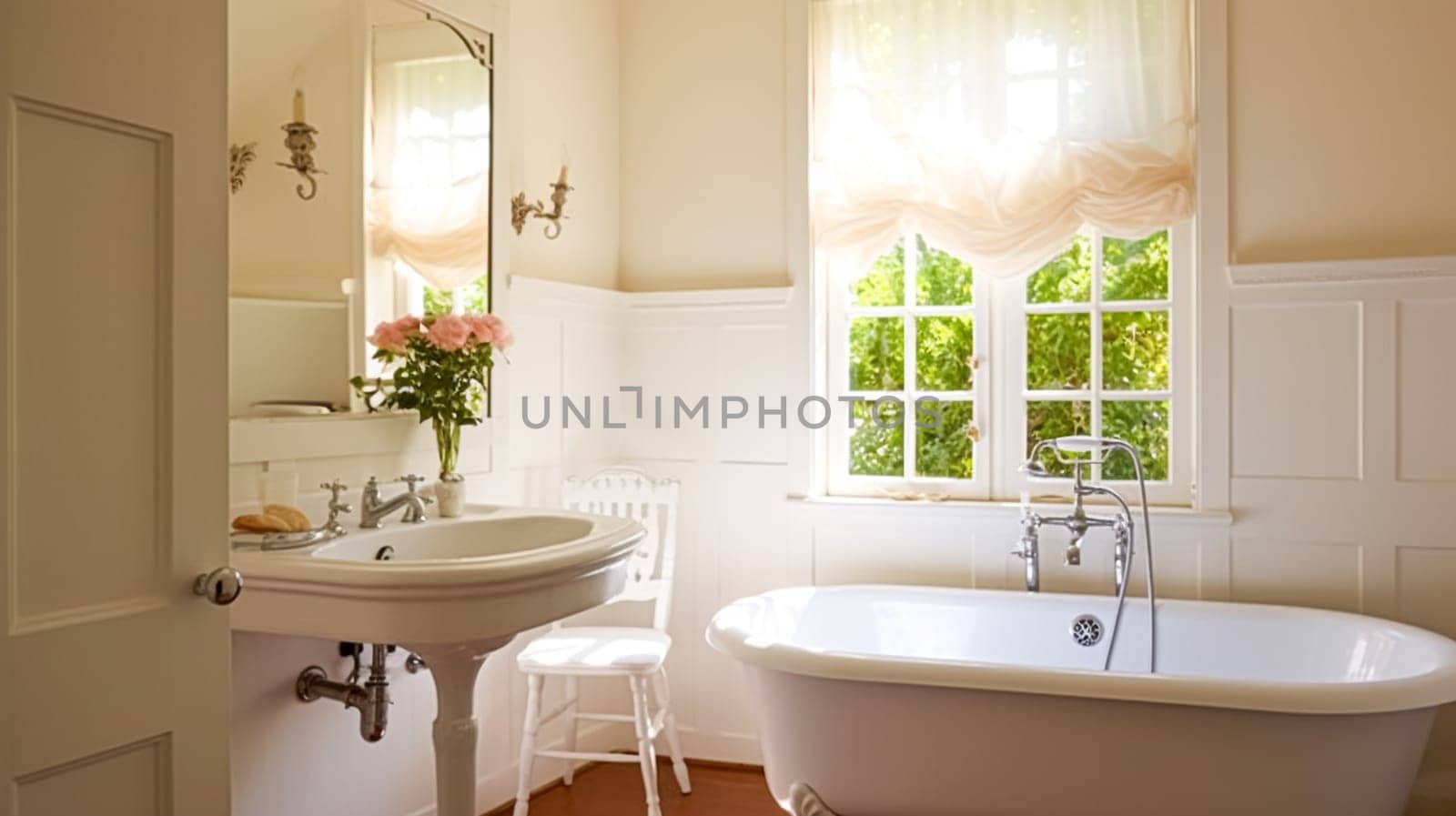 White manor bathroom decor, interior design and home decor, bathtub and bathroom furniture, English country house and cottage style inspiration