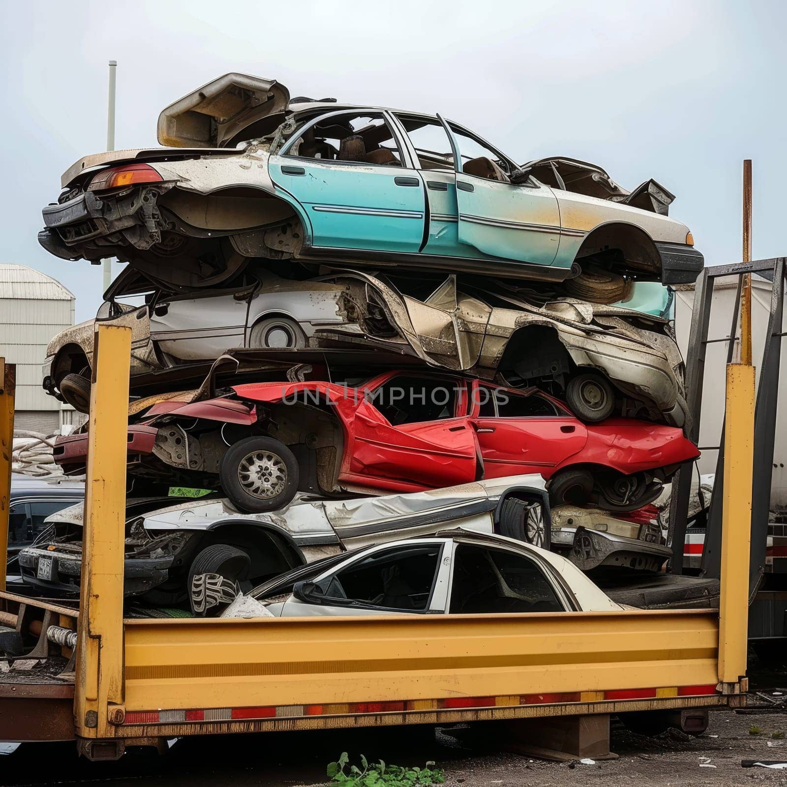 Pile of damaged vehicles stacked in a salvage yard, showcasing the lifecycle of automotive parts and the importance of recycling