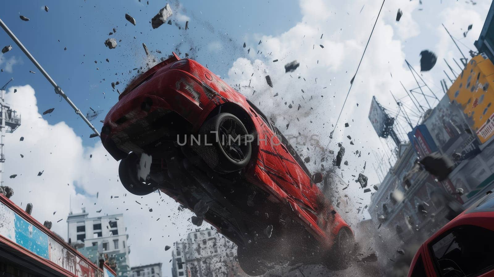 Dynamic scene of a red car in a high-impact crash with debris flying in the air