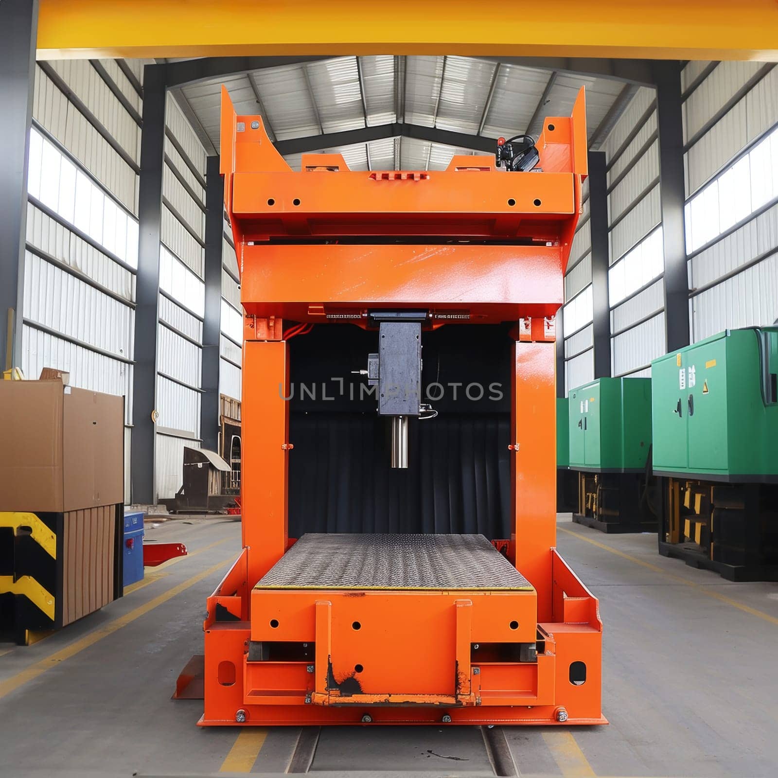 Front view of a modern orange hydraulic press machine used in industrial metalwork. by sfinks