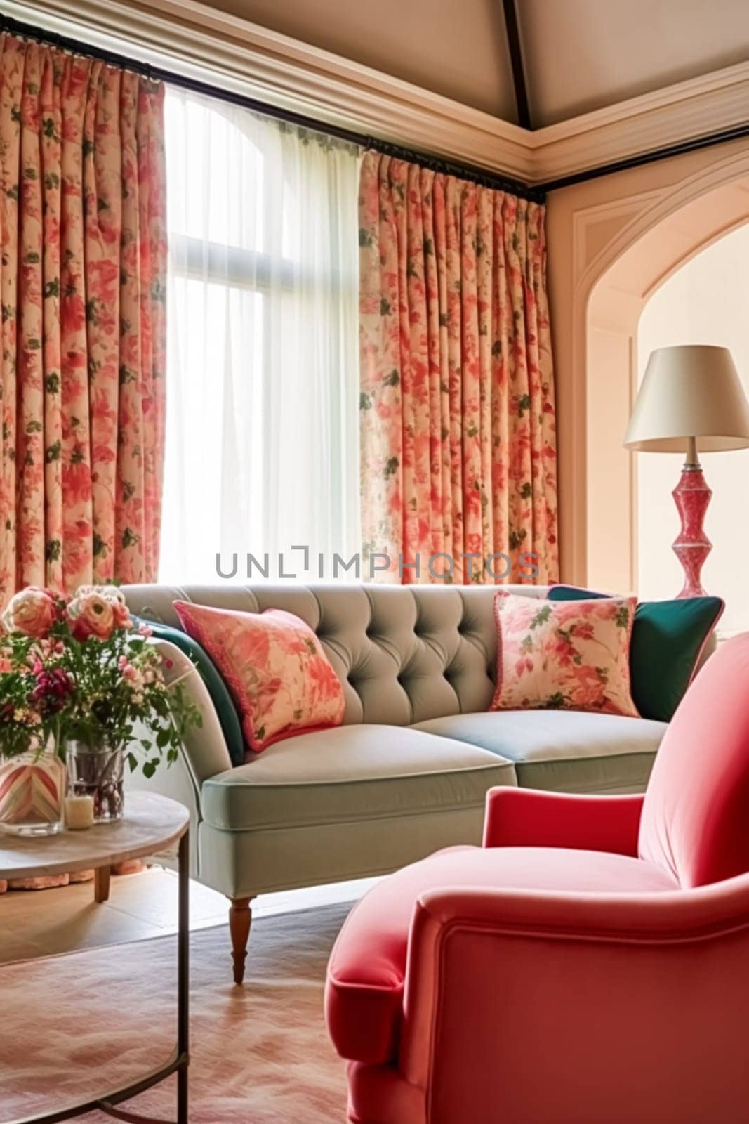 Bright pink lounge room decor, interior design and house improvement, living room furniture, sofa and home decor, country cottage style, post-processed, generative ai