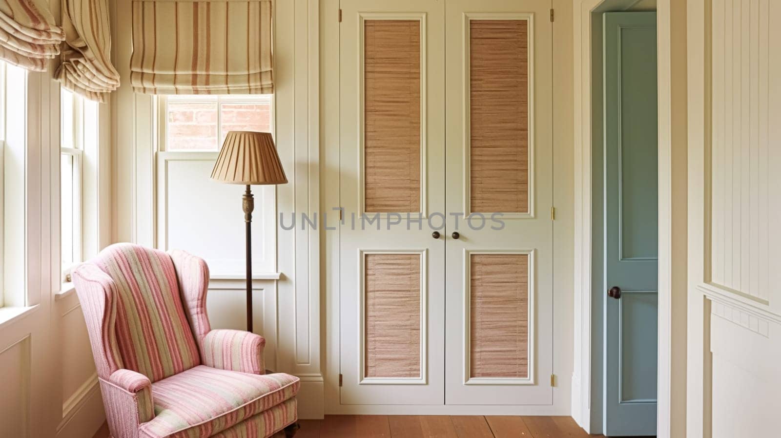 Cottage dressing room decor, interior design and country house home decor, pink arm chair and boot room or walk-in wardrobe furniture, English countryside style interiors