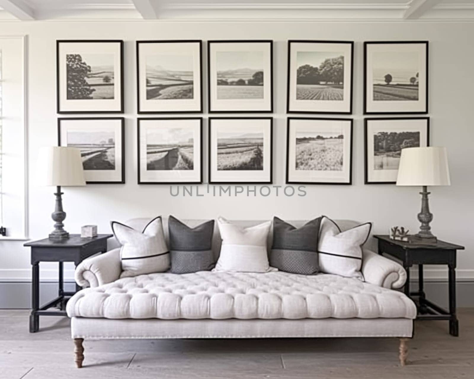 Minimalistic gallery wall, wall art, home decor and framed art in the English country house interior, room for diy printable artwork mockup and print shop sale