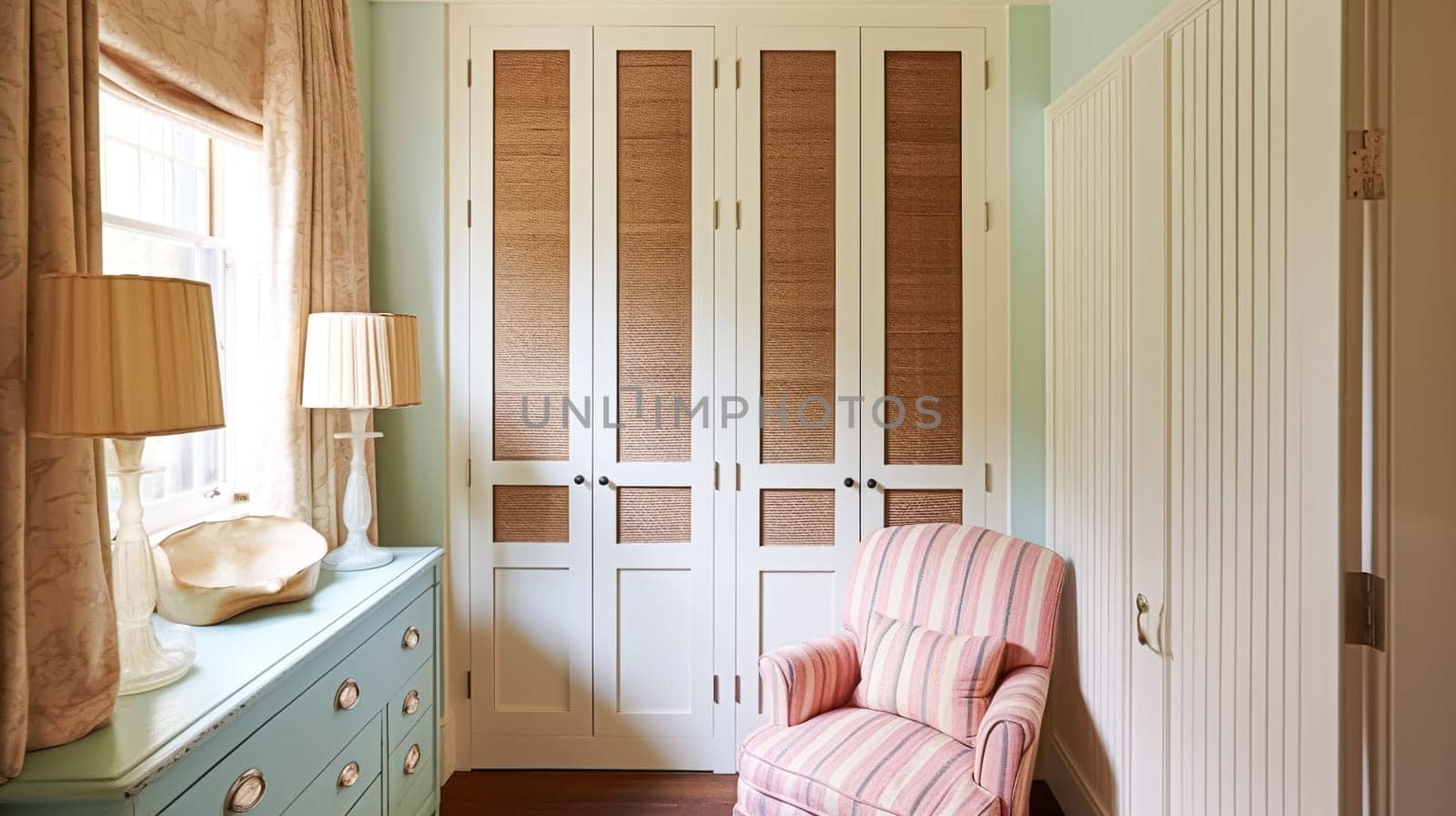 Cottage dressing room decor, interior design and country house home decor, pink arm chair and boot room or walk-in wardrobe furniture, English countryside style interiors
