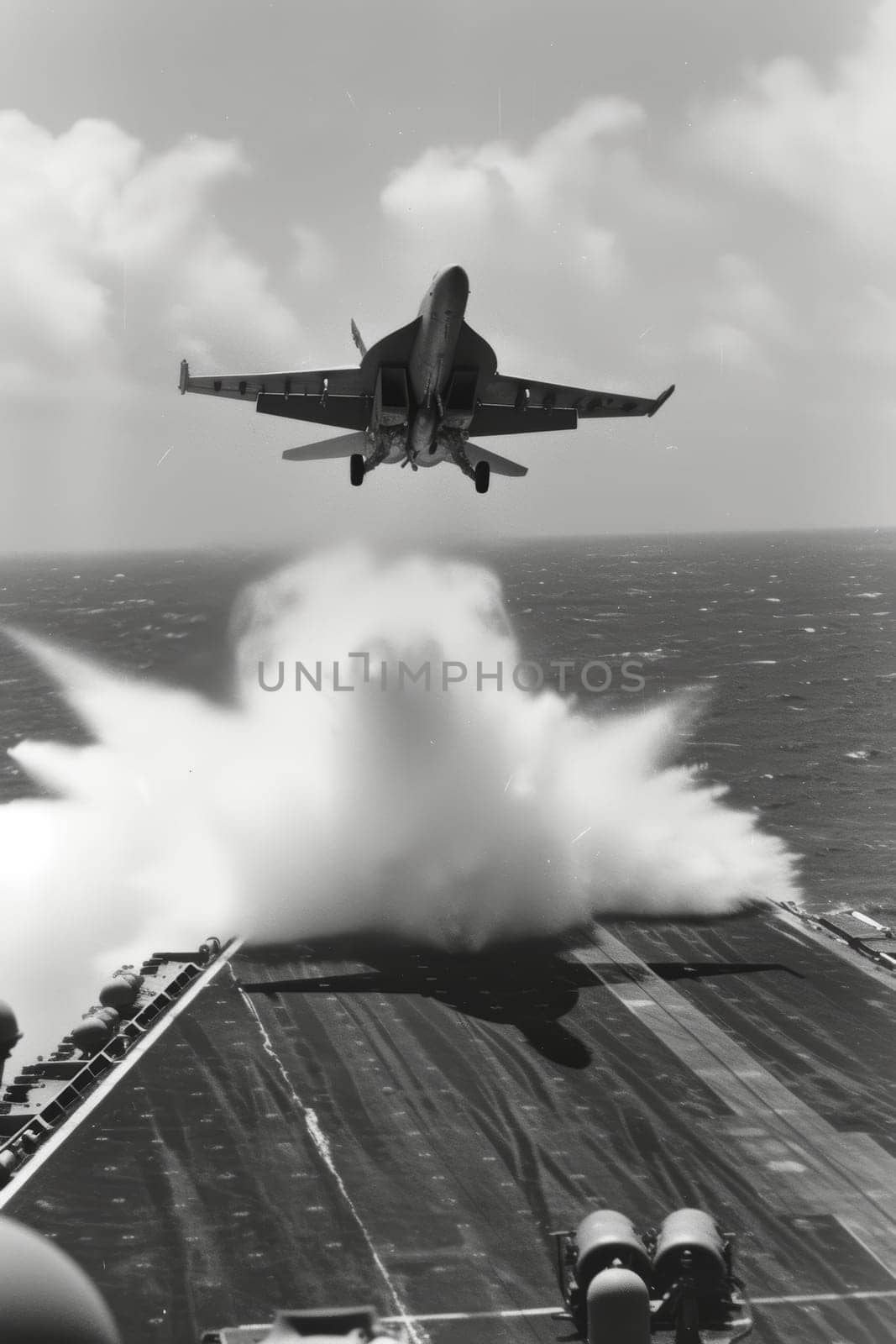 Black and white image of a fighter jet taking off from an aircraft carrier deck. by sfinks