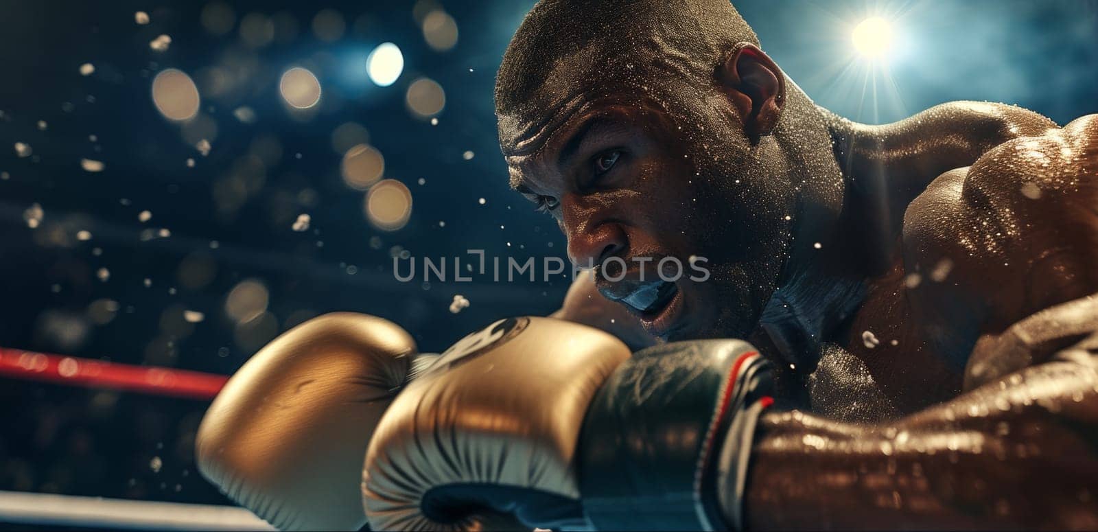 Boxer with an intense stare, ready to strike, under the bright lights of the ring