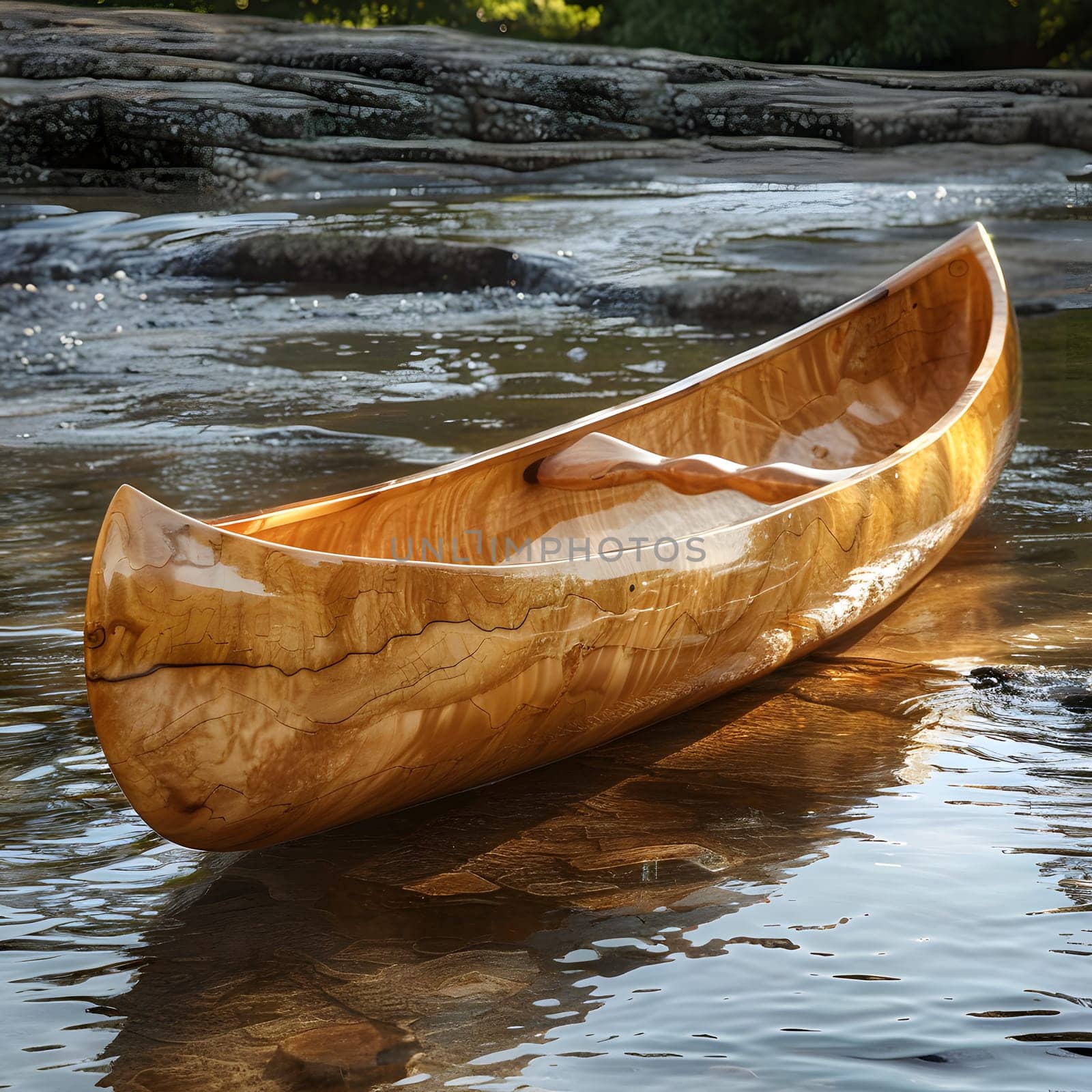 A wooden canoe glides on the water surface, surrounded by trees and plants by Nadtochiy