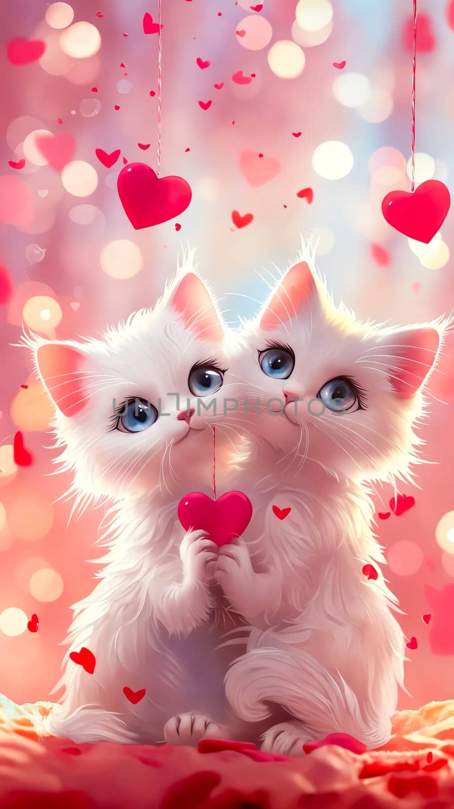 Two white cats holding a red heart in their mouths. The image has a cute and playful mood, with the cats being the main focus. Generative AI