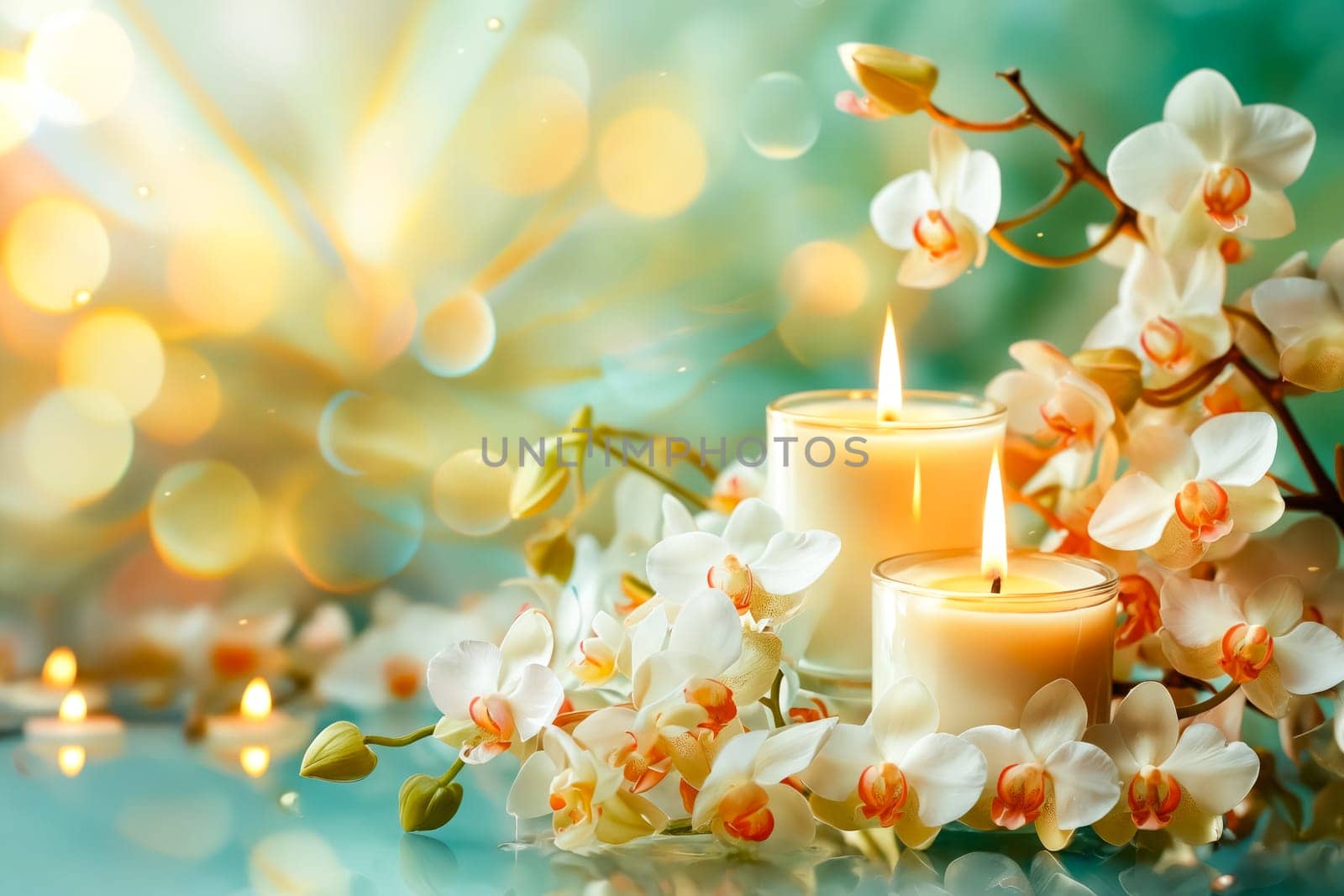 Two candles placed on a table with a vase of white flowers in the background. The candles are lit, creating a warm and inviting atmosphere. The flowers add a touch of elegance. Generative AI