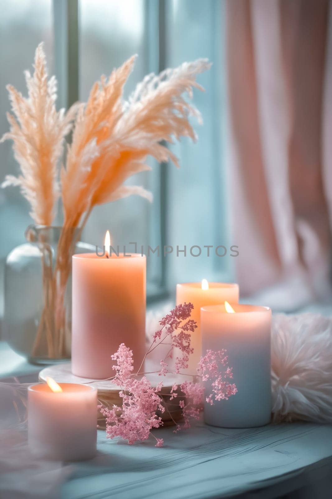 A table with candles and flowers. Scene is warm and inviting. Generative AI