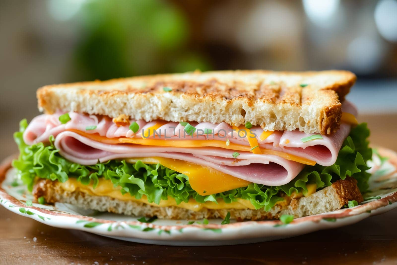 A sandwich with ham, cheese, and lettuce on a white plate. The sandwich is cut in half and placed on a wooden table. Generative AI