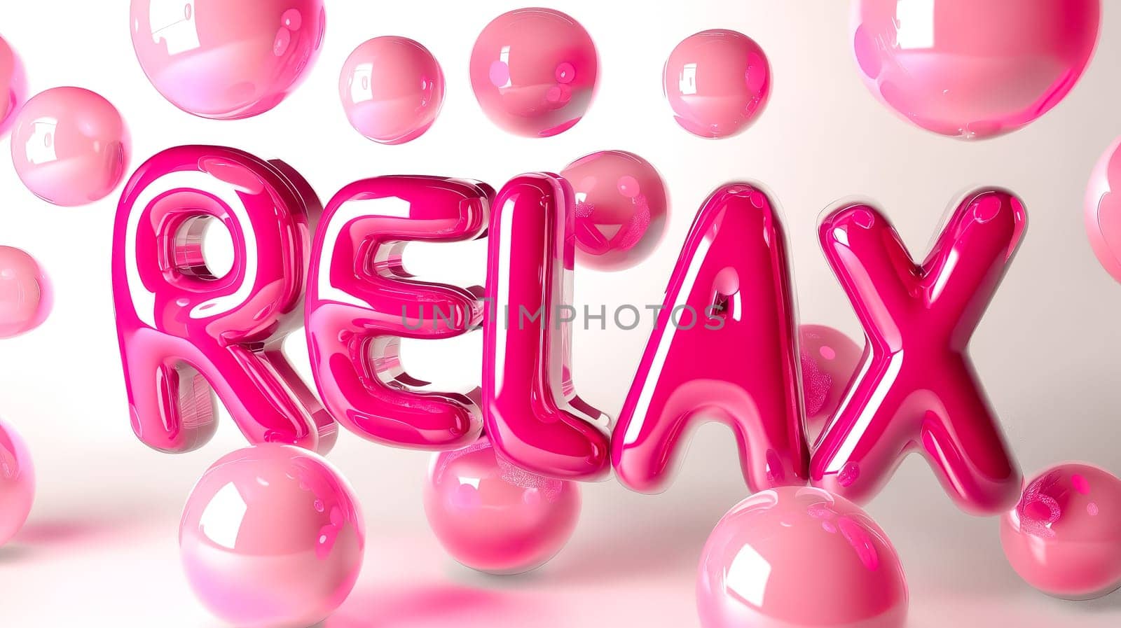 A pink word that says "relax" in a bubble font. The bubbles surrounding the word create a playful and whimsical atmosphere, suggesting a fun and carefree mood. Generative AI