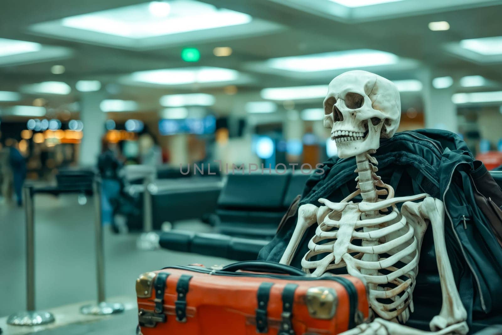 A skeleton is sitting on a suitcase in an airport. The skeleton is wearing a backpack and has a skeleton's face on it. The scene is eerie and unsettling, as it is not a typical sight in an airport. Generative AI