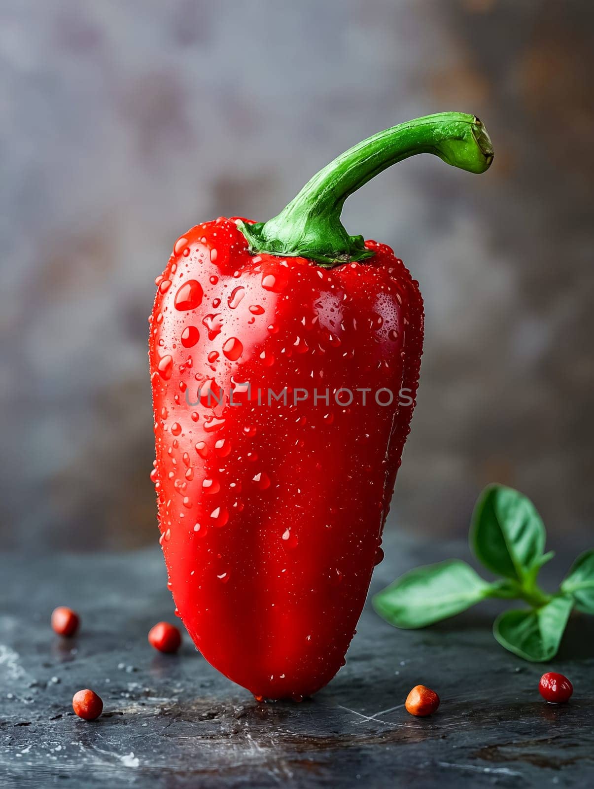 A red pepper is sitting on a table with some pepper flakes. The pepper is wet and has a green stem. Generative AI
