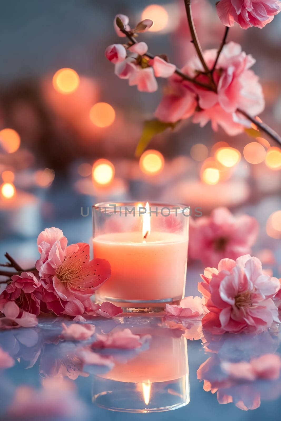 A candle is lit in a glass on a table with pink flowers. The scene is serene and calming, with the candle providing a warm and inviting atmosphere. Generative AI