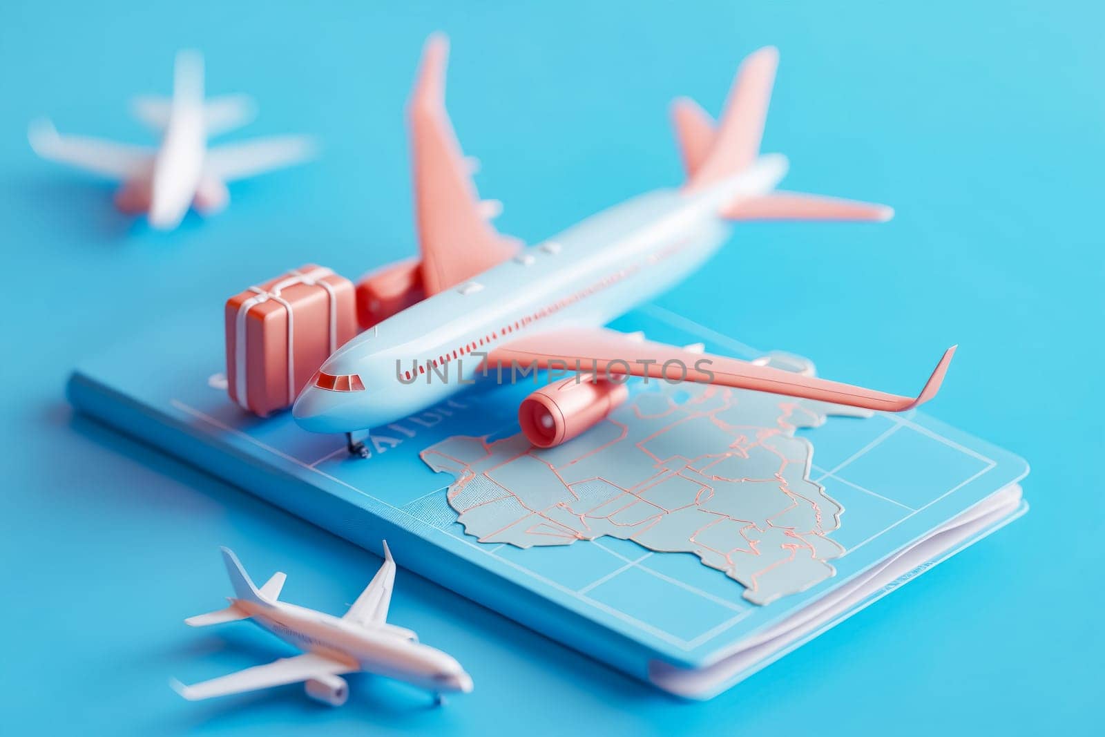 A small model airplane sits on top of a blue passport with a map of the world. The airplane is surrounded by luggage, including a suitcase and a backpack. The scene conveys the excitement. Generative AI