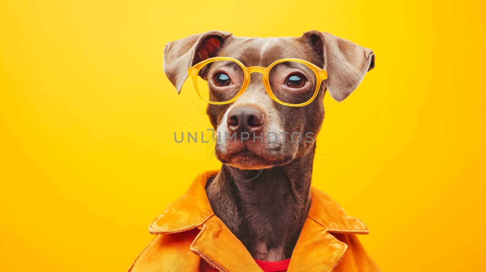 A dog wearing glasses and an orange jacket. The dog is looking at the camera. The image has a playful and lighthearted mood. Generative AI