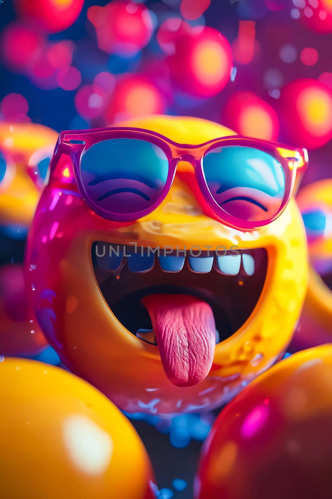 A cartoon face with sunglasses and a tongue sticking out. The image is colorful and playful, with a fun and lighthearted mood. Generative AI