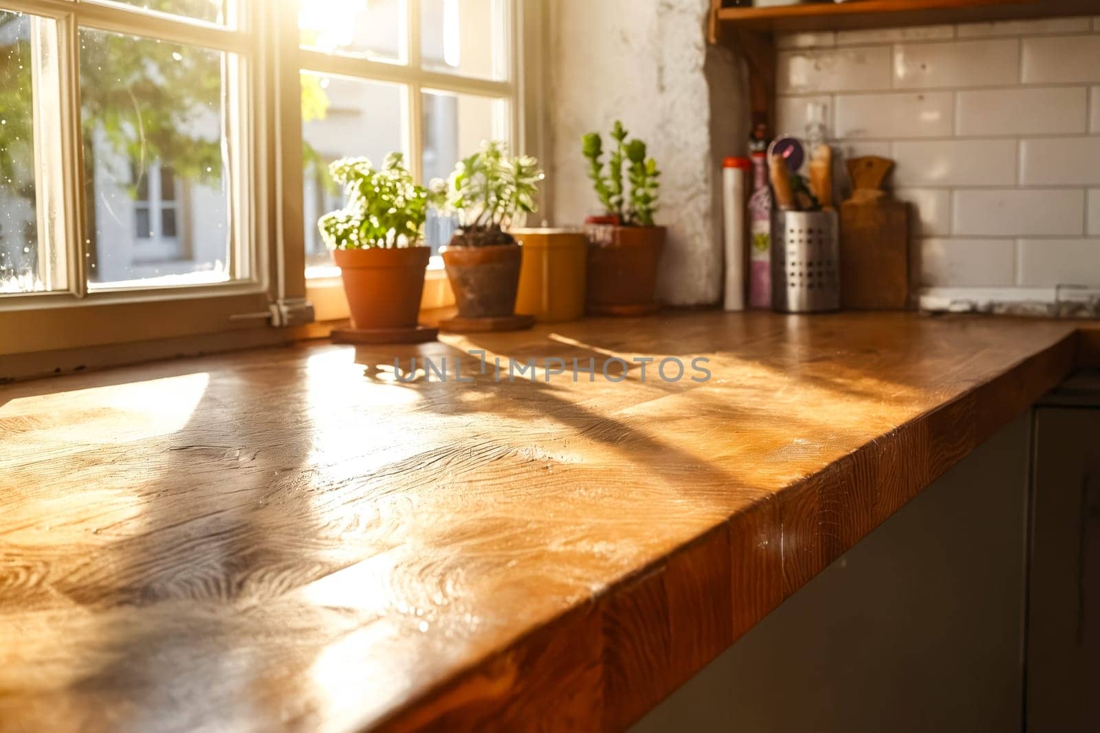 A wooden counter top with potted plants on it. The plants are in various sizes and are placed in different spots on the counter. Generative AI