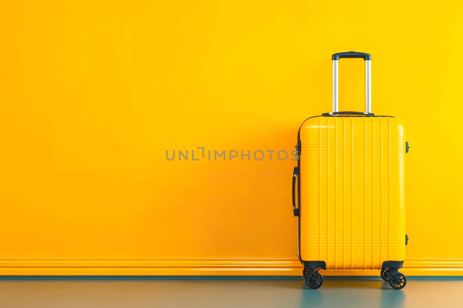 A yellow suitcase is sitting on a yellow wall. The suitcase is open and ready to be packed. The bright yellow color of the suitcase and the wall creates a cheerful and inviting atmosphere. Generative AI