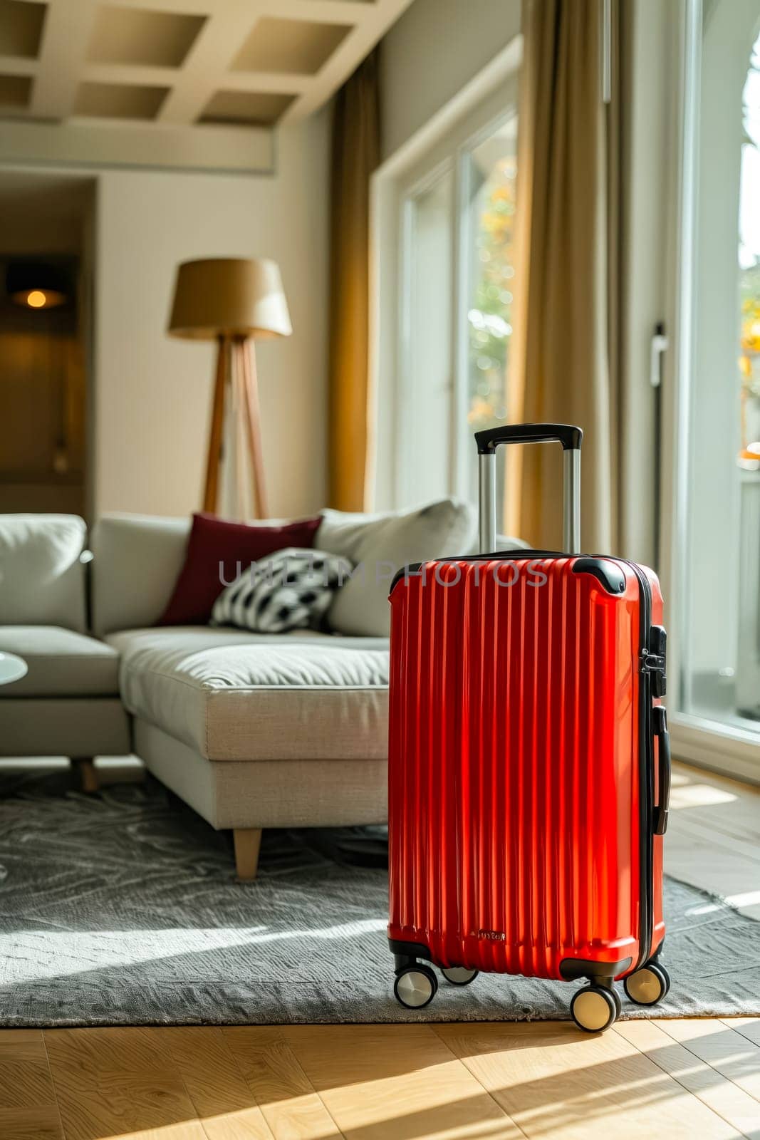 A red suitcase sits on a rug in a living room. The room is furnished with a couch and a lamp. The suitcase is open, and the room is well-lit, creating a warm and inviting atmosphere. Generative AI