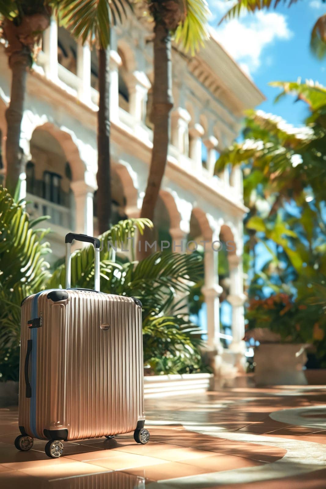 A tan suitcase is sitting on a tiled floor in front of a building. The suitcase is open and the handle is visible. The scene is set in a tropical location, with palm trees in the background. Generative AI