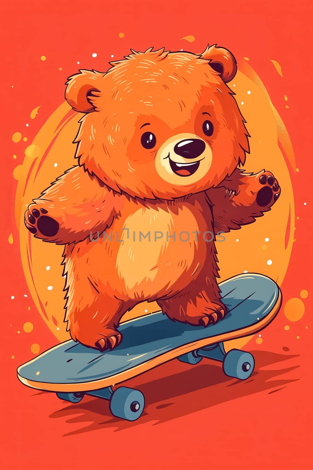 A cartoon bear is riding a skateboard. The bear is smiling and he is having fun. The image has a playful and lighthearted mood. Generative AI