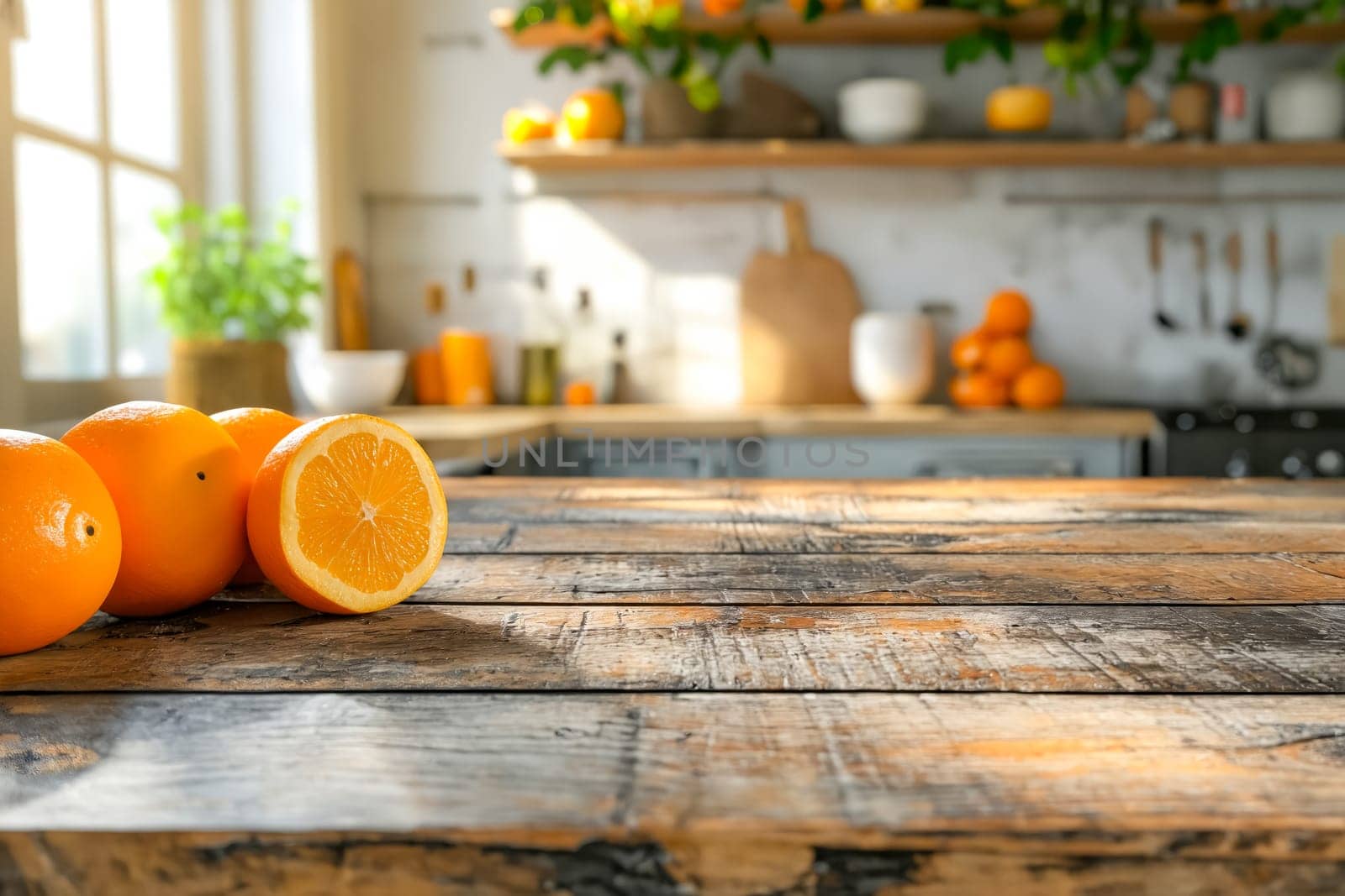 A table with a few oranges on it and a knife. The table is wooden and has a light color. Generative AI