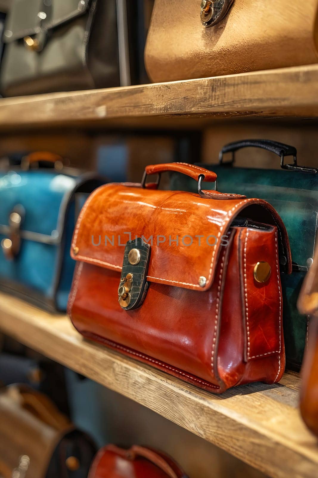 A brown leather purse sits on a shelf next to other purses. The purse is made of leather and has a gold clasp. Generative AI