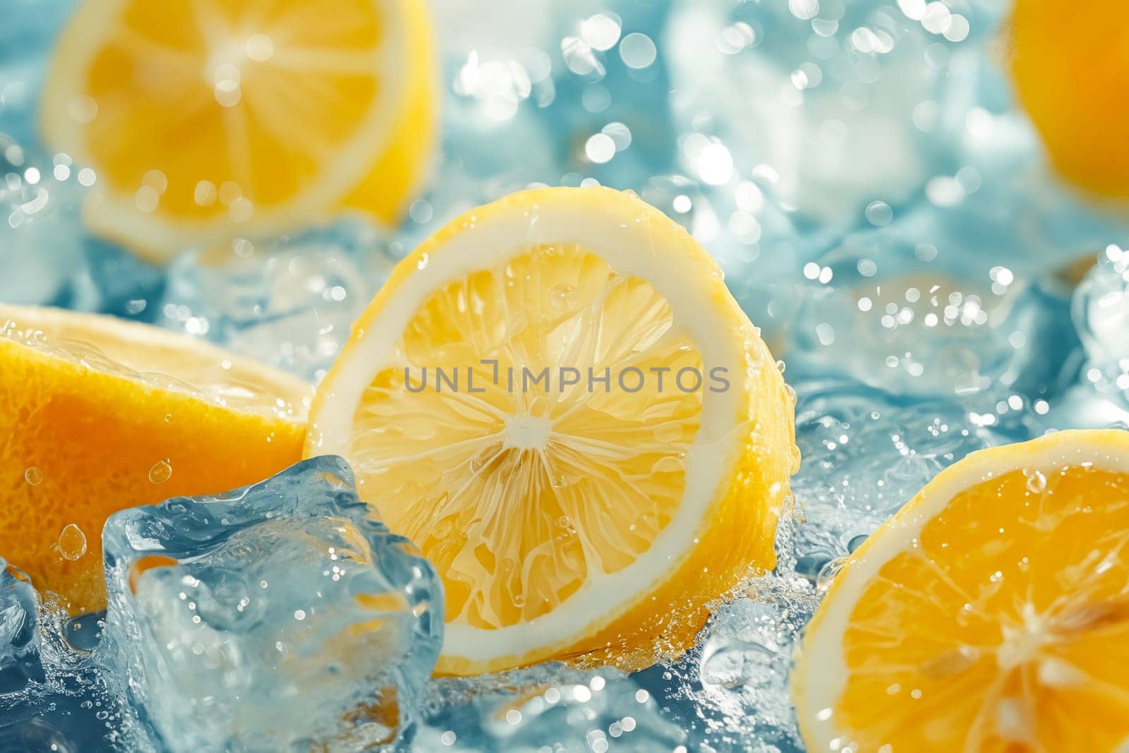 A close up of a lemon with its peel still on it. The lemon is sitting on top of a blue ice cube. Generative AI