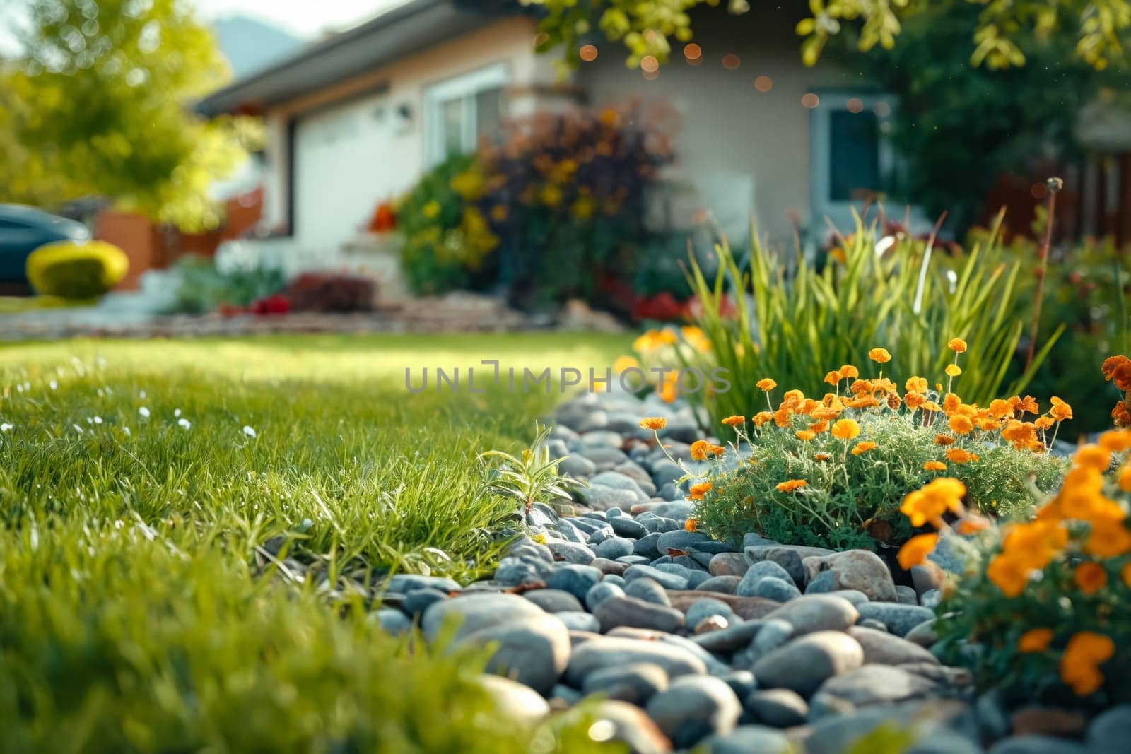 A house with a yard with a rock path and orange flowers. The flowers are in a vase and the yard is well maintained. Generative AI