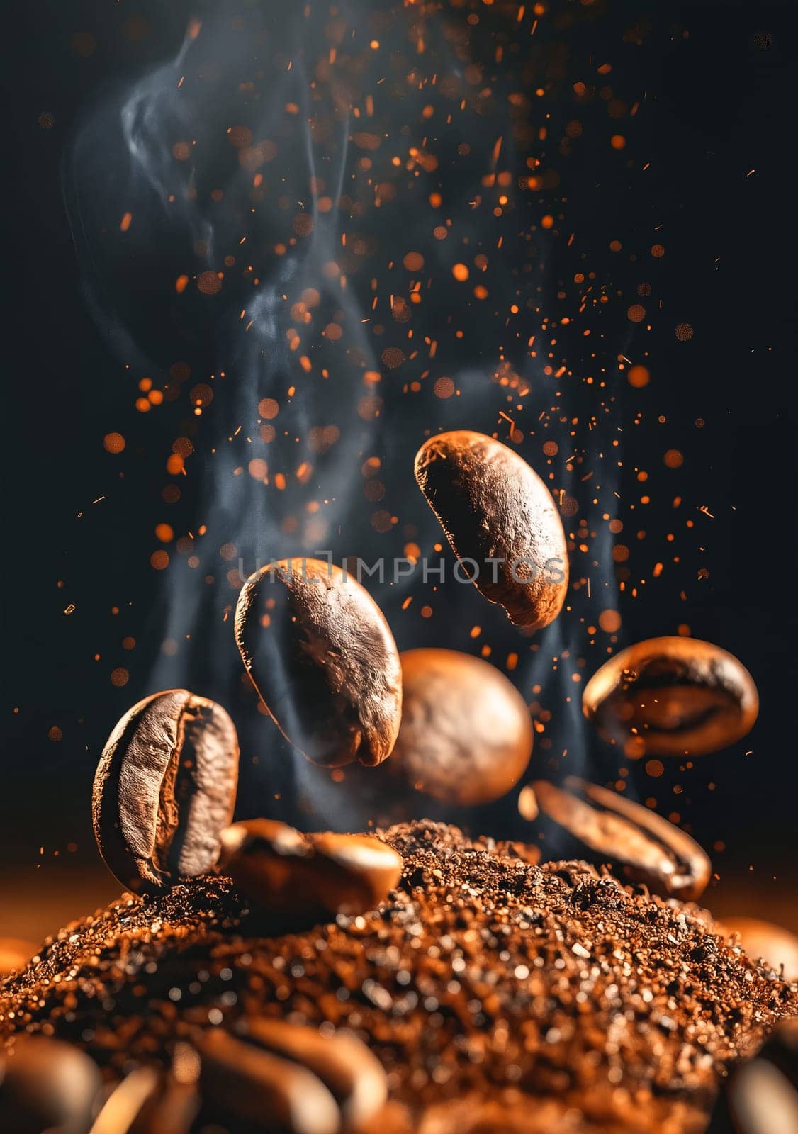 A close up of coffee beans falling from the sky. Concept of warmth and comfort, as the coffee beans are a symbol of a hot beverage that people often enjoy. Generative AI