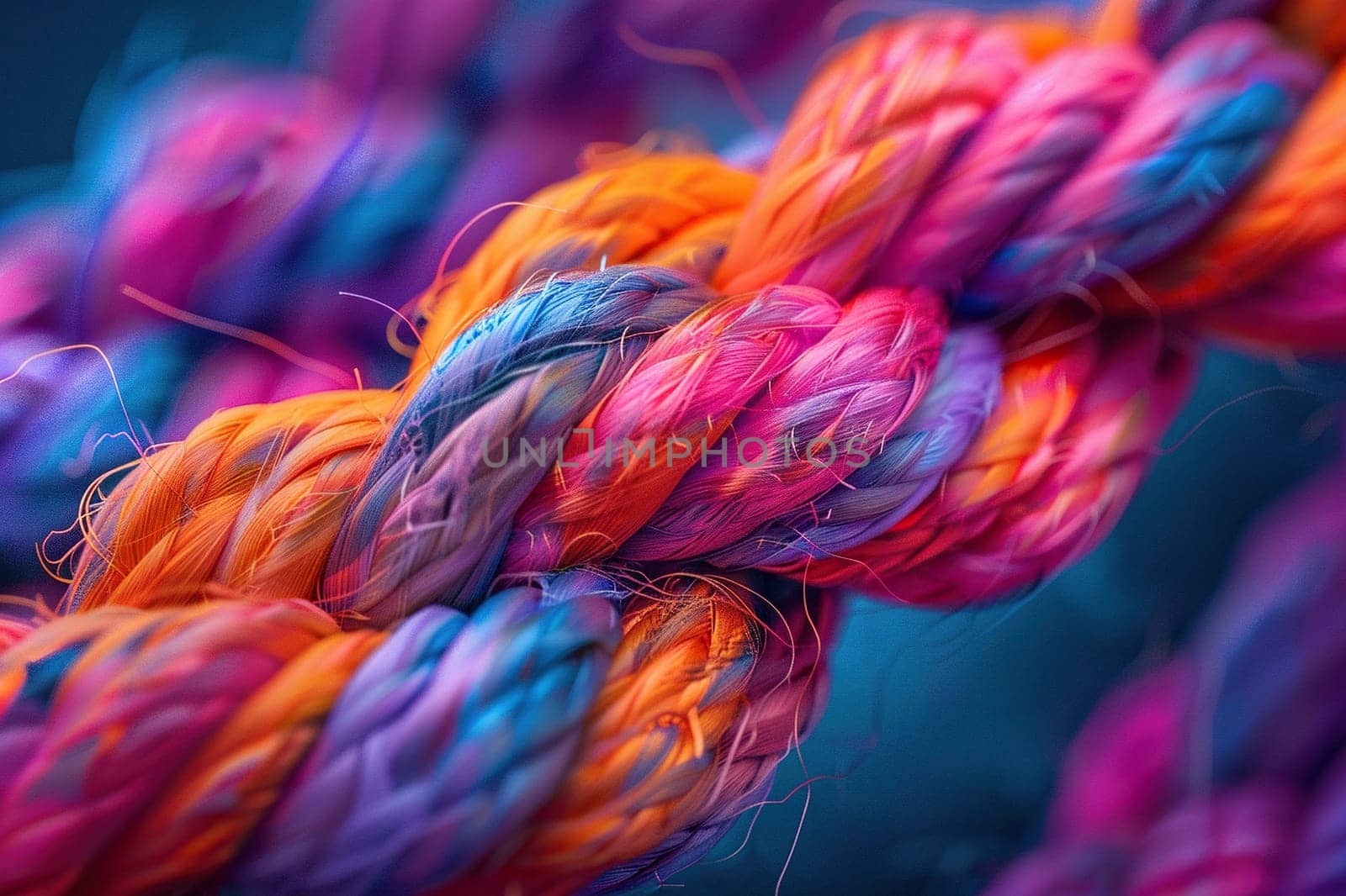 Macro image of a multi-colored rope with fibers on a blue background.