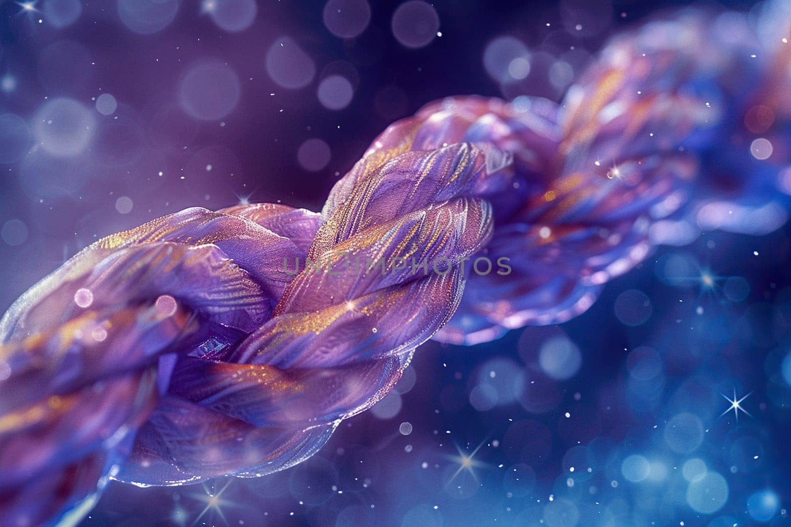 Abstract image of a rope weave on a purple background with highlights and sparkles. Generated by artificial intelligence by Vovmar