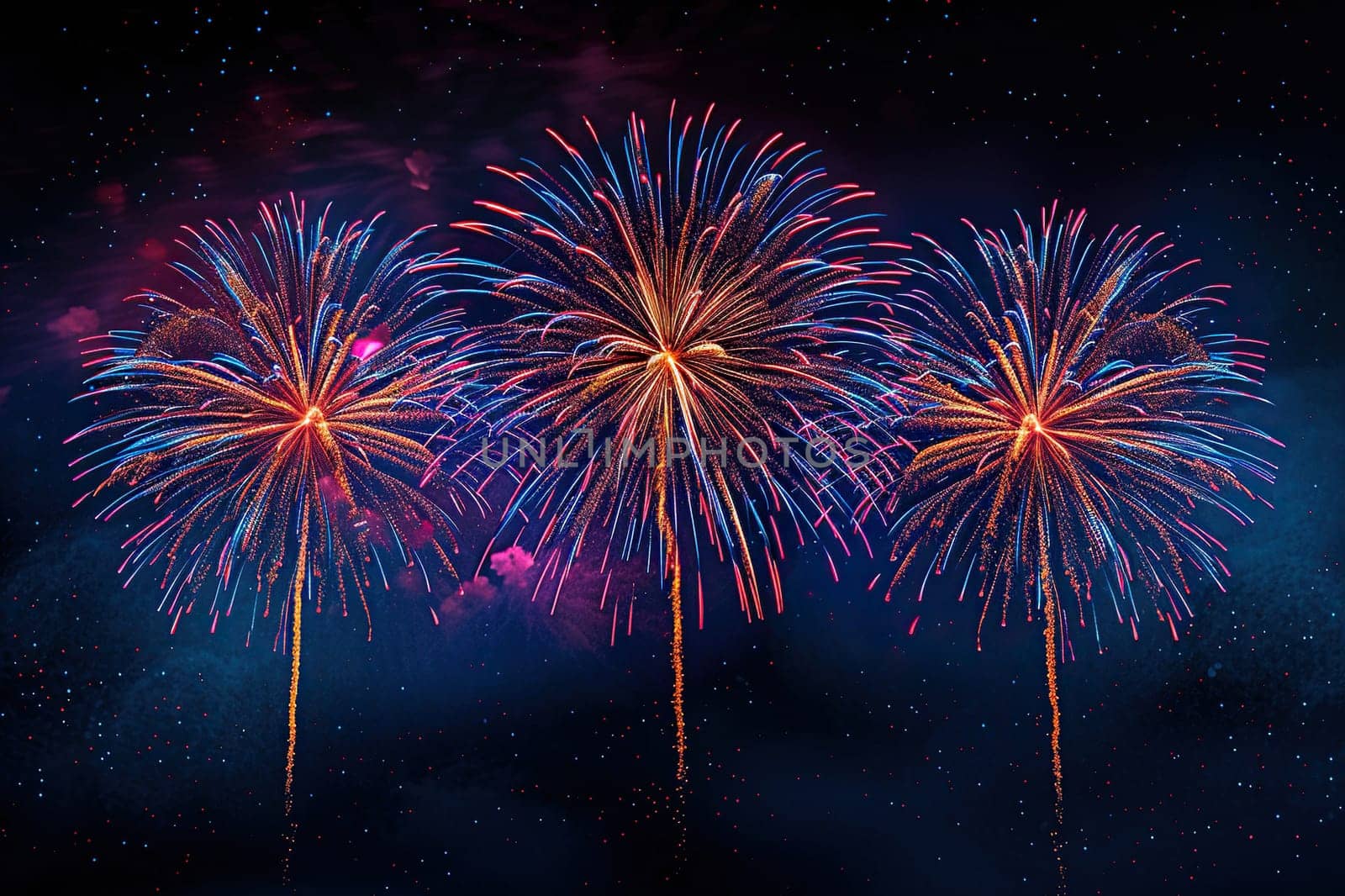 Three powerful colorful fireworks in a cramped space. Horizontal holiday background.