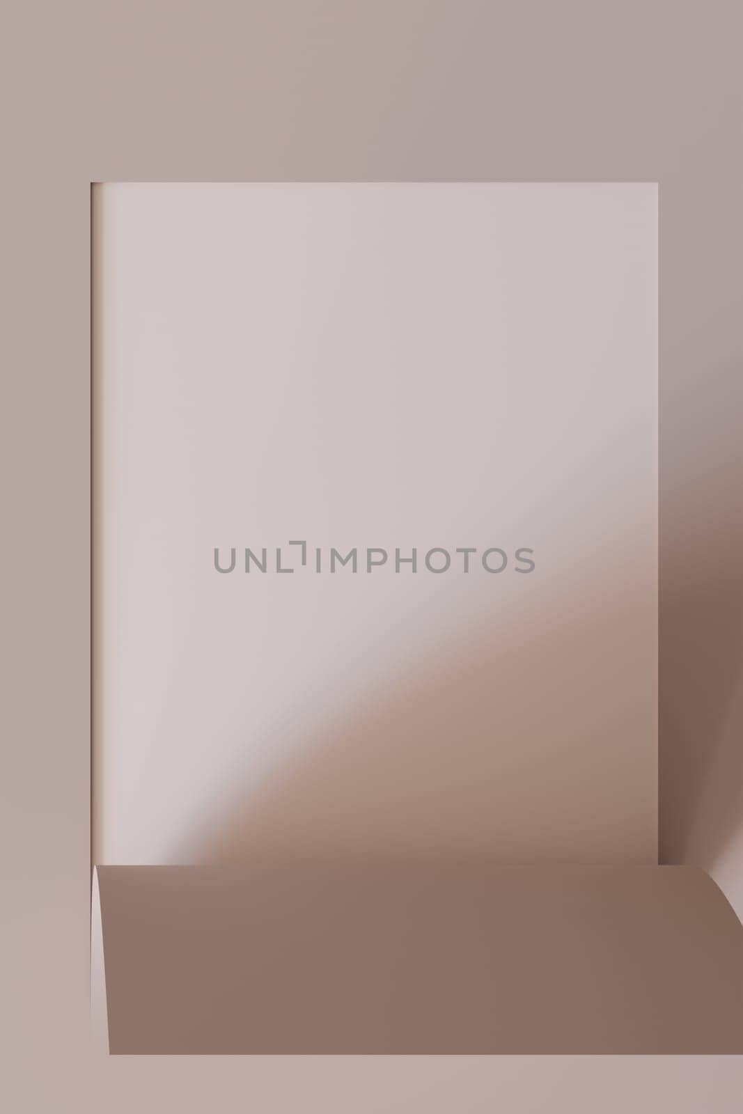 Minimalistic, abstract background, bended paper. Copy space for message, text. Beige, nude colors. Curved, rolled paper backdrop. Perfect for clean, modern design projects. Vertical format. 3D render