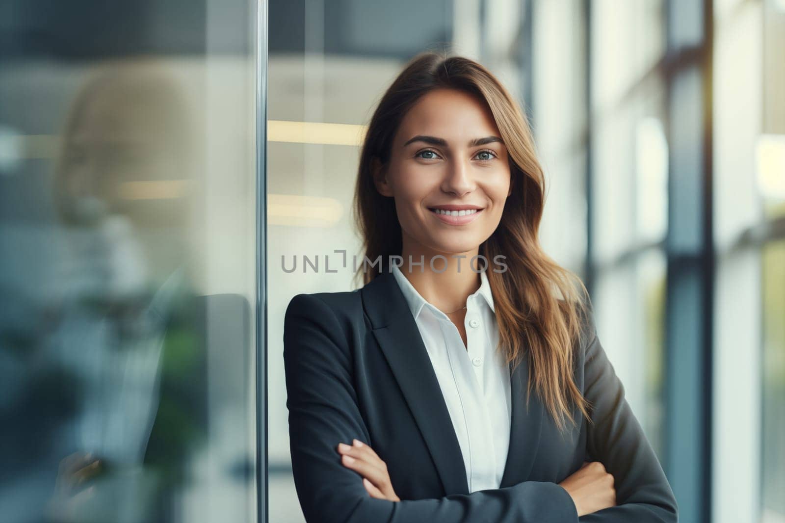 Portrait of confident happy smiling young employee standing in the office, female worker wearing business suit and looking at camera