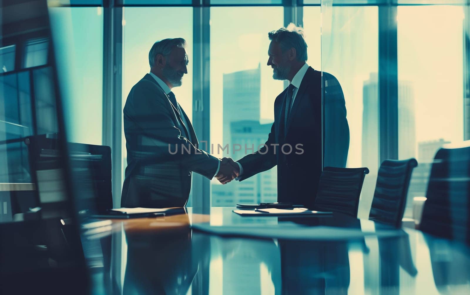 Happy smiling mature businessman shaking hands with his colleague after a meeting in a corporate boardroom. Business people celebrating a successful business partnership c