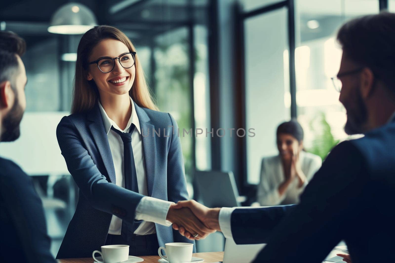 Happy smiling businesswoman shaking hands with her colleague after a meeting in a corporate boardroom. Business people celebrating a successful business partnership c