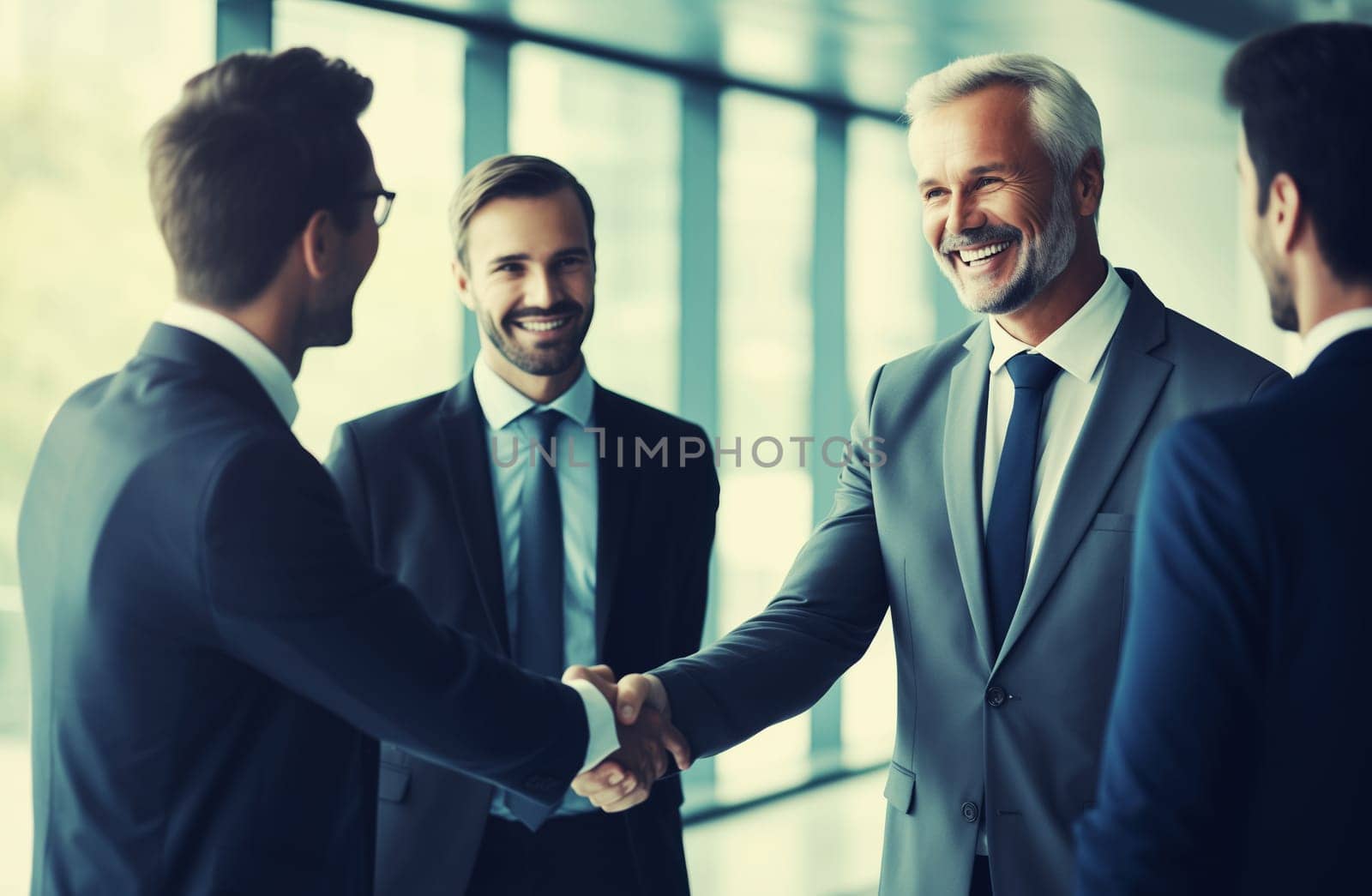 Happy smiling mature businessman shaking hands with his colleague after a meeting in a corporate boardroom. Business people celebrating a successful business partnership c