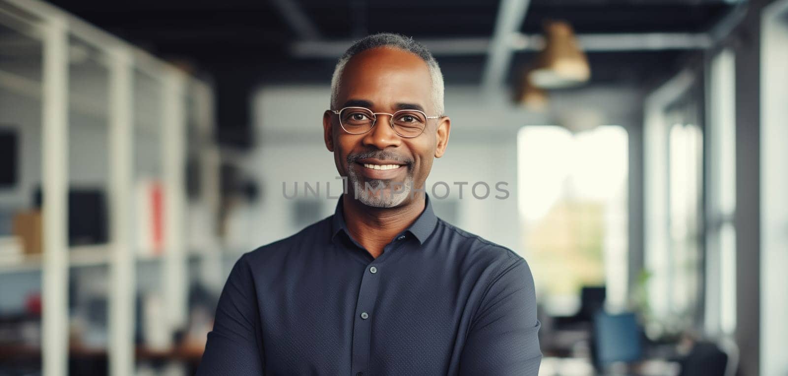 Portrait of confident happy smiling African American businessman standing in the office wearing glasses and looking at camera