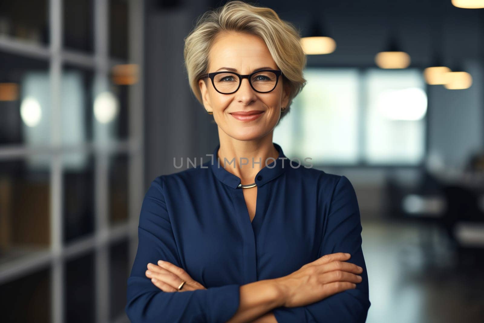 Portrait of confident happy smiling businesswoman standing in the office, female entrepreneur wearing business suit and looking at camera