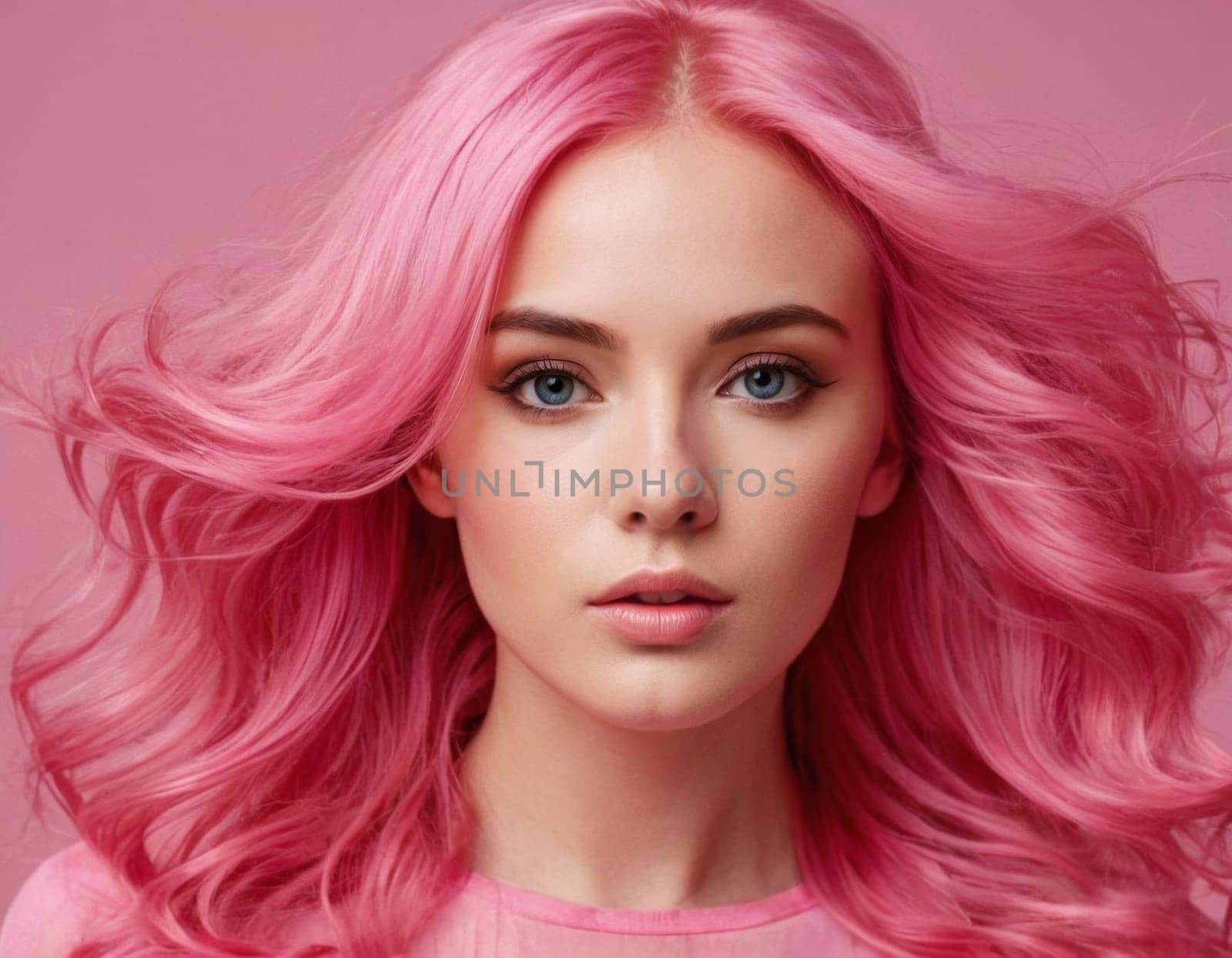 Portrait of a young woman with curly pink hair. AI generation